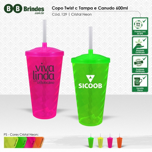 Copos personalizado, Canecas personalizada, Long drink personalizado - Copo Twist c Tampa e Canudo 600ml